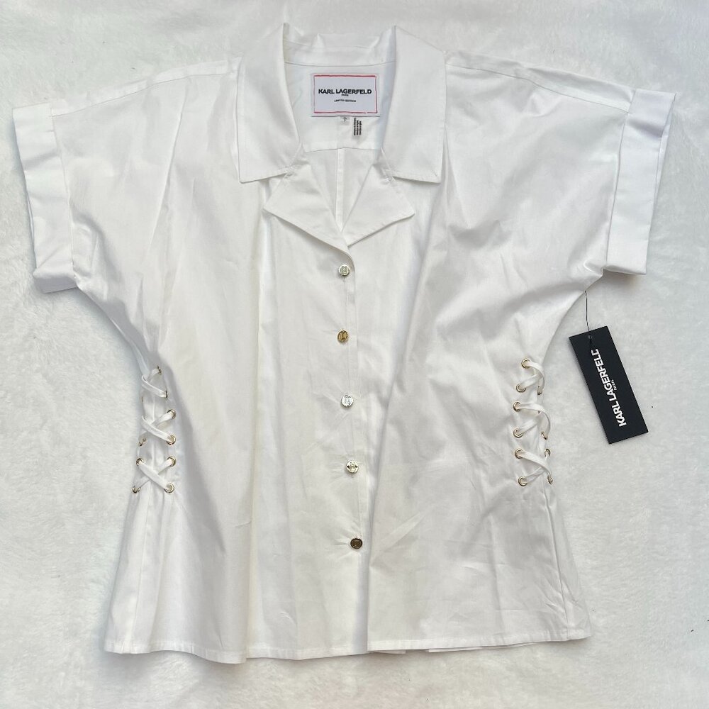 NWT $100 Karl Lagerfeld Paris limited edition white Cotton lace up Top - Picture 3 of 10